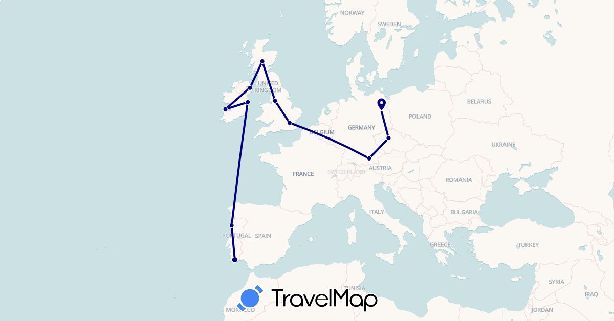 TravelMap itinerary: driving in Czech Republic, Germany, United Kingdom, Ireland, Portugal (Europe)